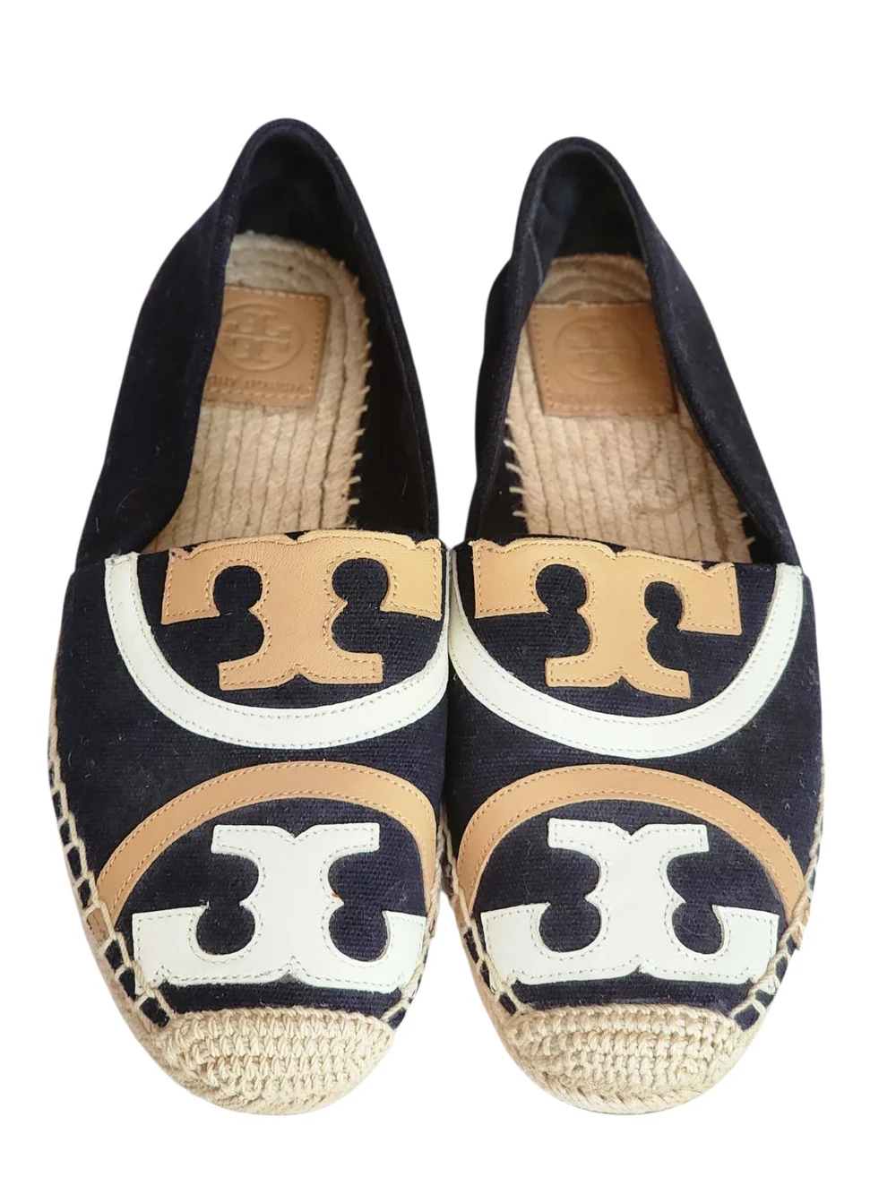 Tory Burch Black Espadrilles with Tan & White Logo Trim